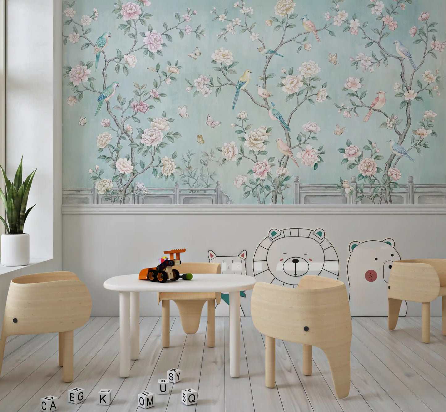Slender branches arc inside this Chinoiserie Aviary wall mural with pastel blossoms.