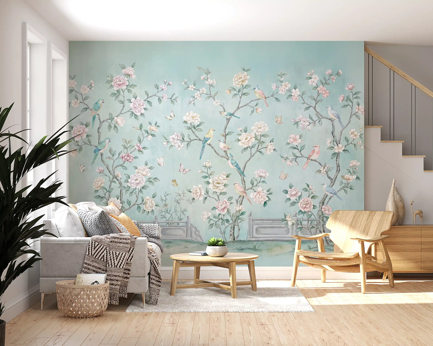 Watercolour peony heads cluster on slender stems in the Chinoiserie Aviary wall mural.