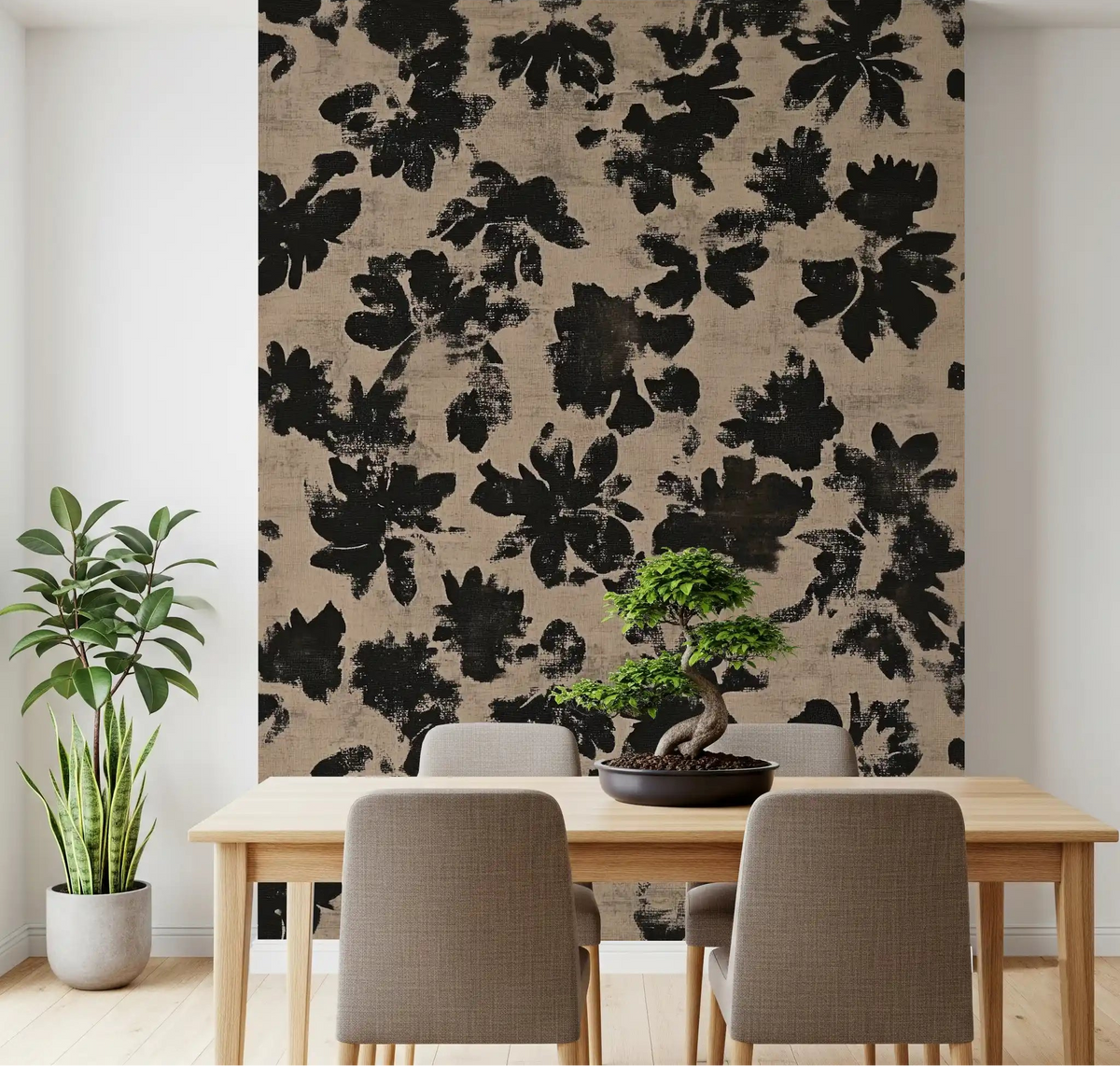 Distressed Floral Silhouette wall mural fills a dining room with worn painterly blooms.