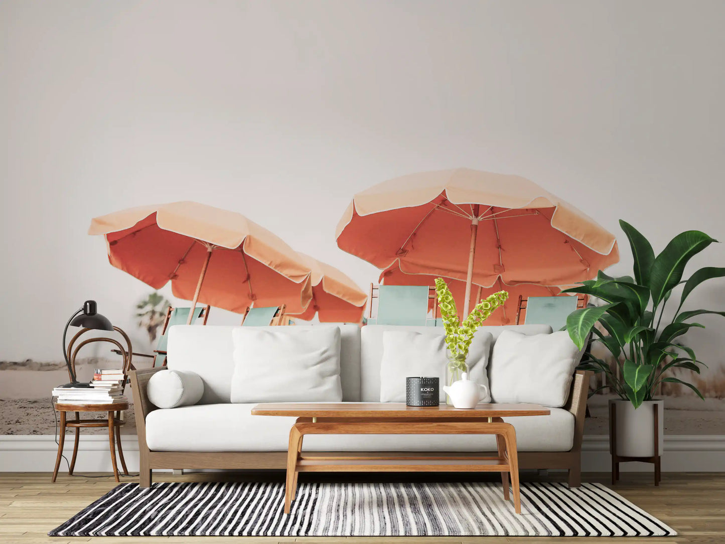 Orange umbrellas stand out on the Chillout wall mural inside this modern living room