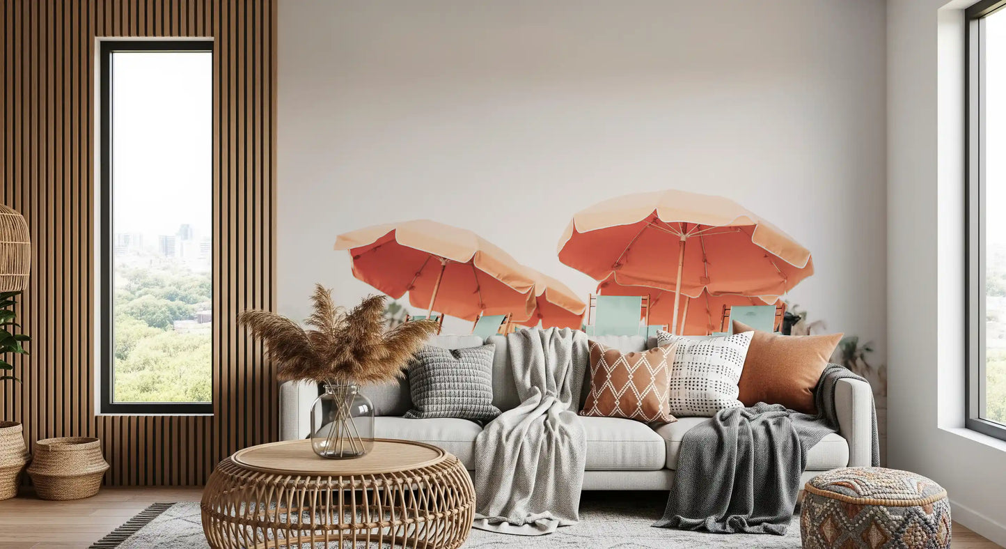 The wide chillout wall mural displays vintage beach seating against a white sky