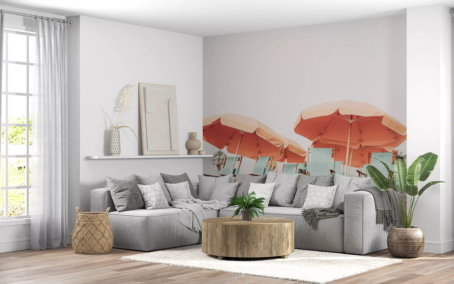 A minimalist Hallway layout highlights the vivid Coastal Chillout wall mural