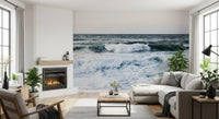Sweeping aquatic tides pattern a Scapes wall mural viewed directly in the living room.