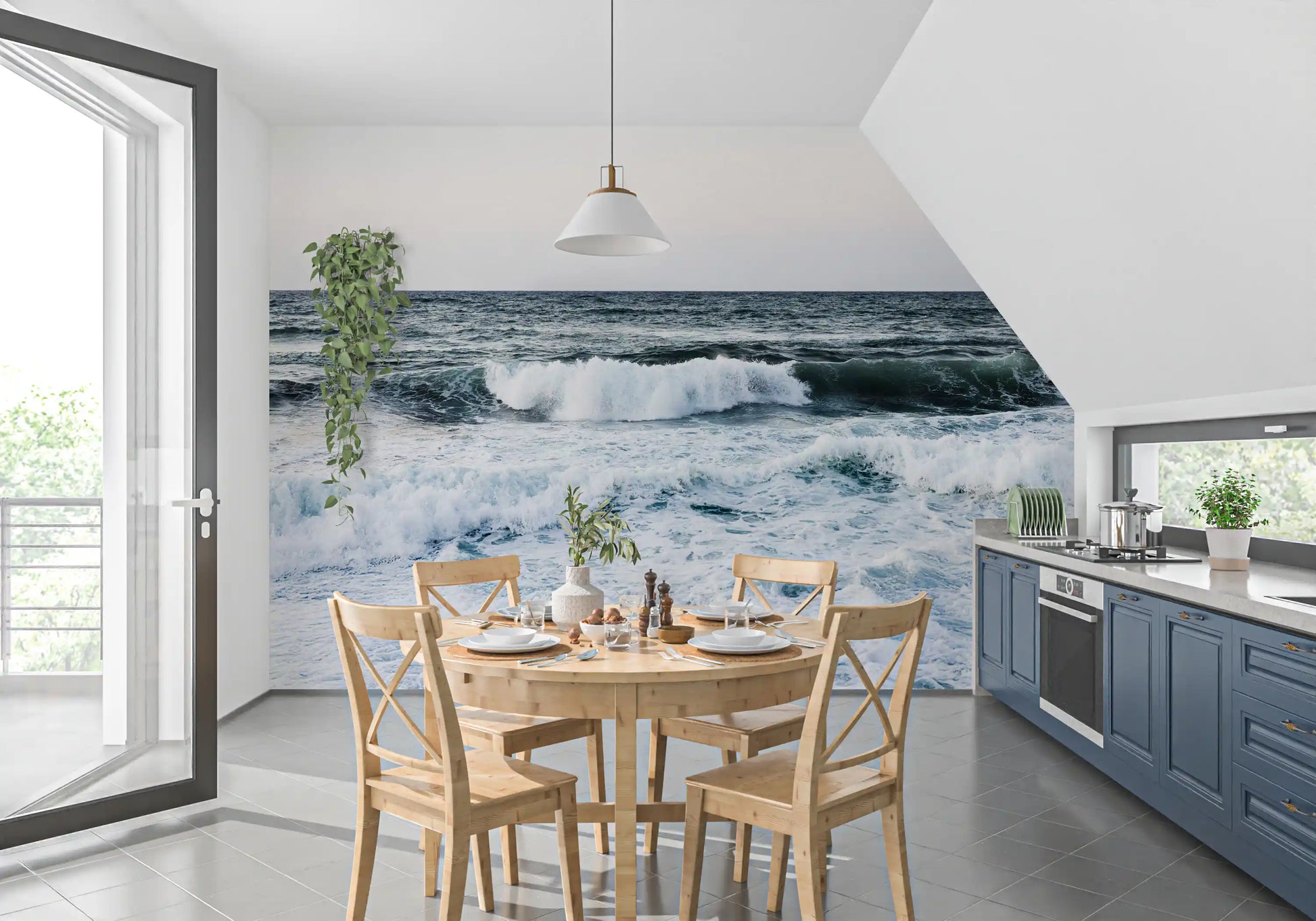 Aquatic droplets scatter widely across the foreground of this Ocean wall mural.