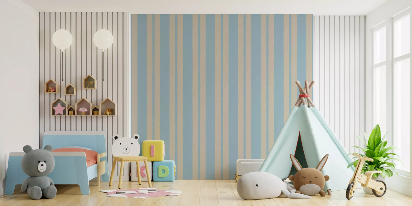 Scalloped Serenity Stripes Wallpaper showing wavy blue and beige sections.