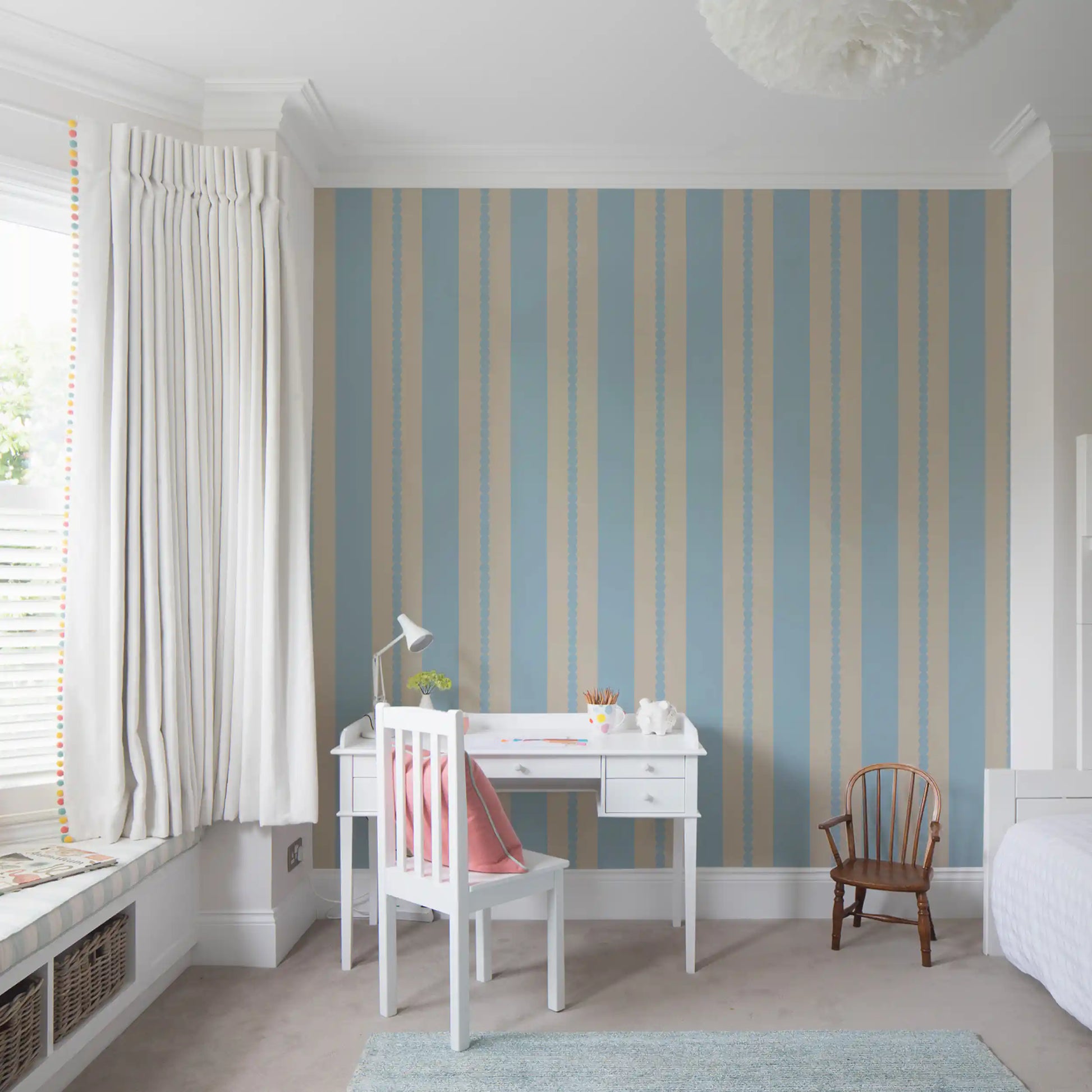 Scalloped Serenity Stripes Wallpaper applied in a quiet study corner.