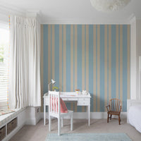 Scalloped Serenity Stripes Wallpaper applied in a quiet study corner.