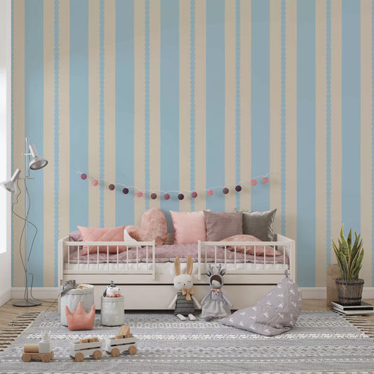 Scalloped Serenity Stripes Wallpaper displayed brightly in a kids' room.