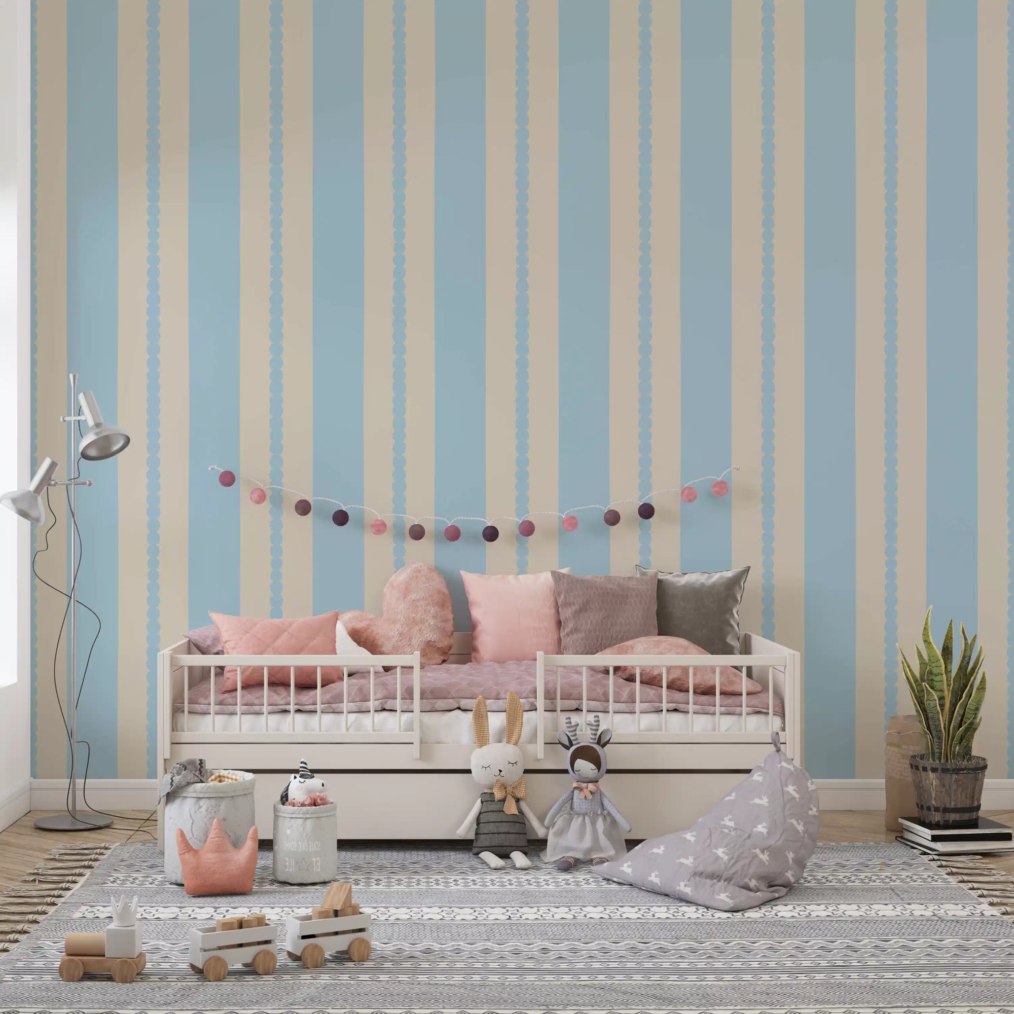 Scalloped Serenity Stripes Wallpaper displayed brightly in a kids' room.