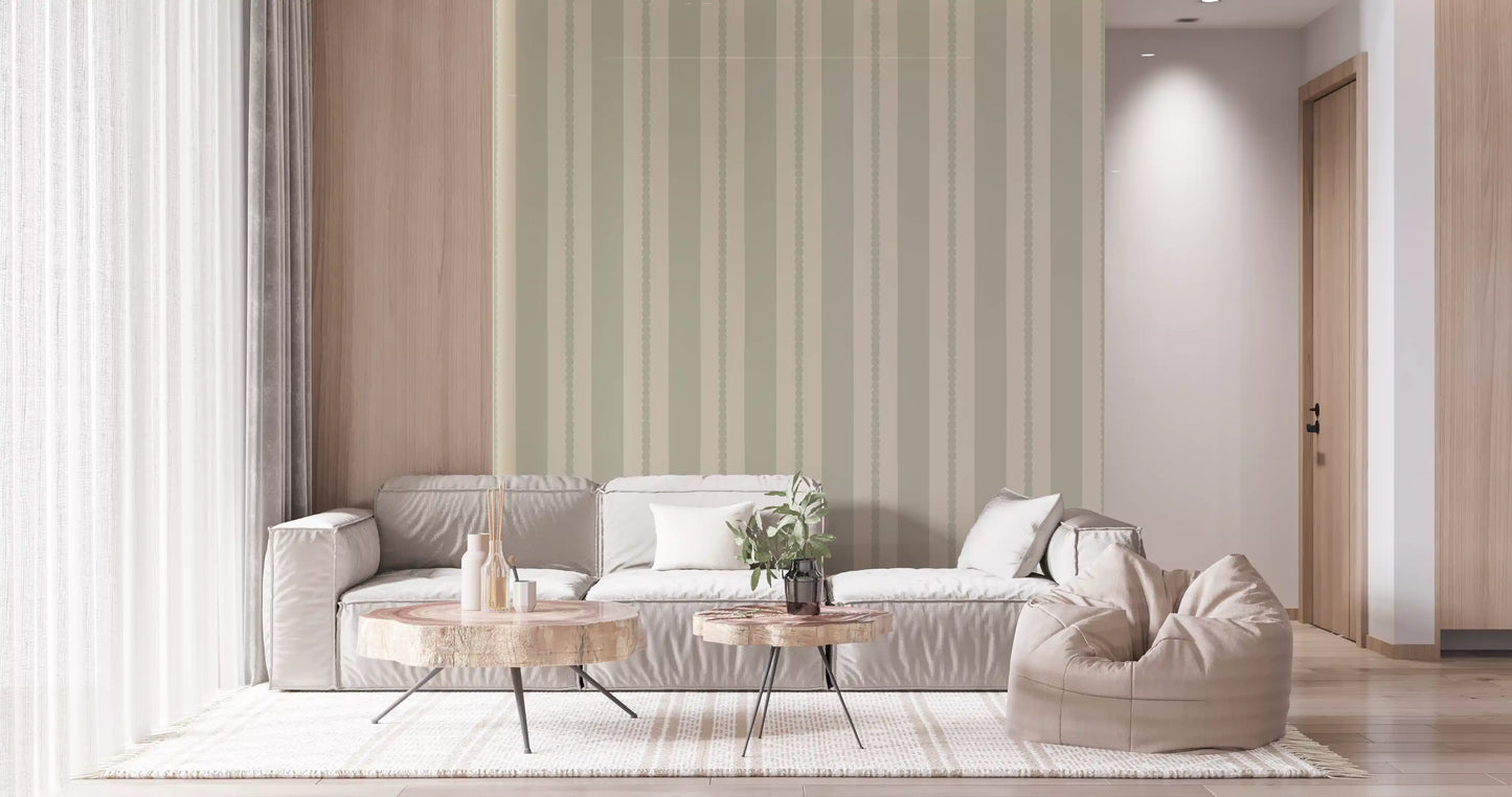 Living room showing striped wallpaper with a wooden bed frame on light floors