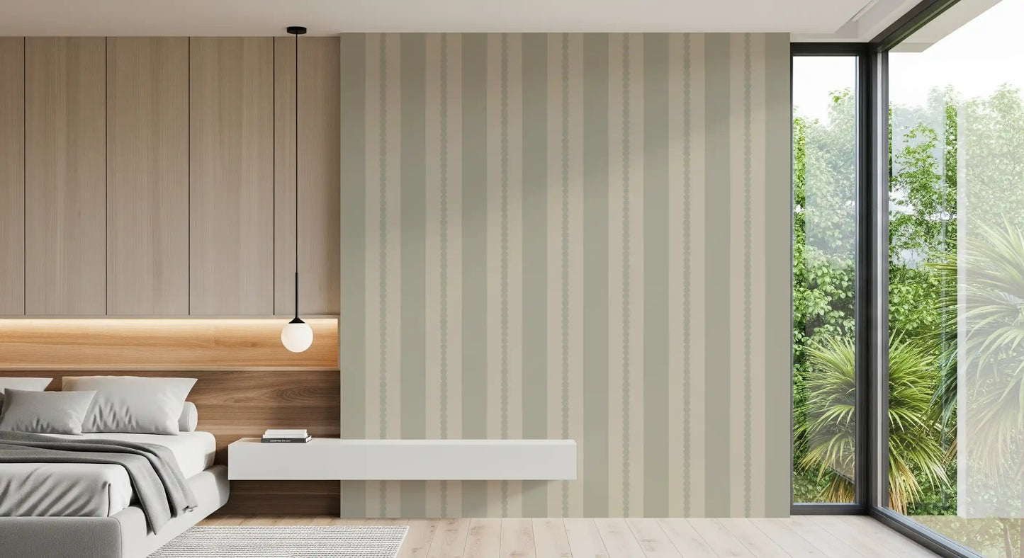 Light beige Bedroom displaying the vertical stripes pattern on the back wall