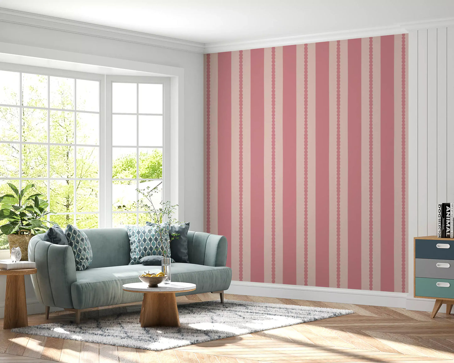 Scallop wallpaper displaying pale pink columns throughout the lounge area 