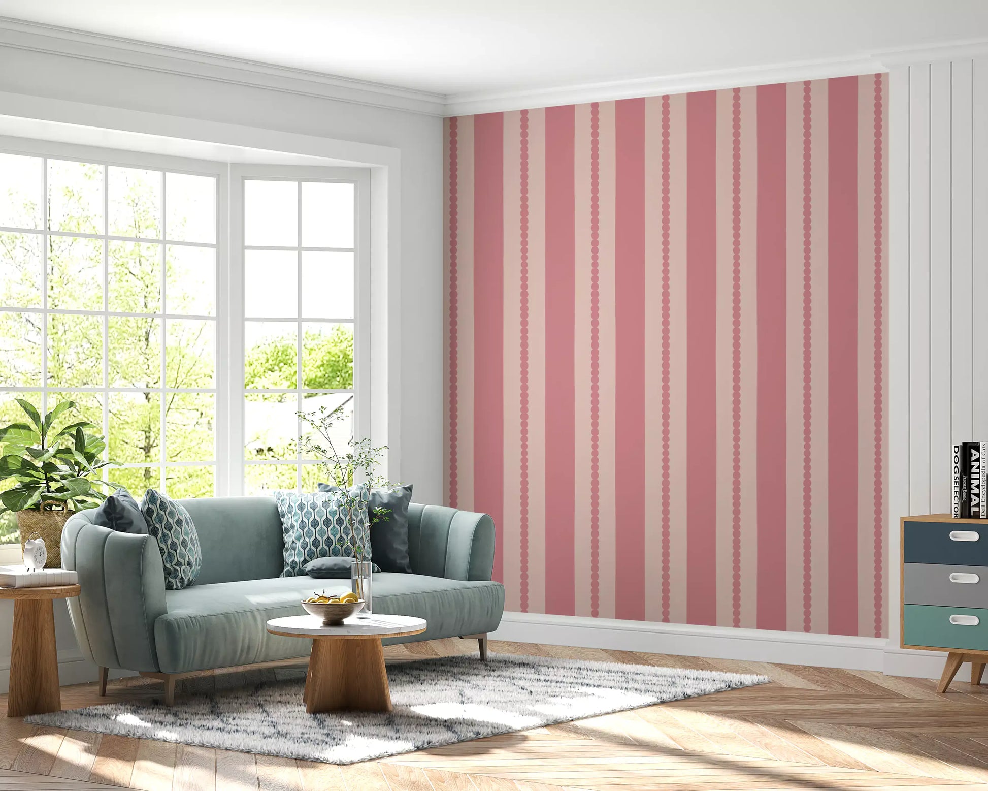 Scallop wallpaper displaying pale pink columns throughout the lounge area 