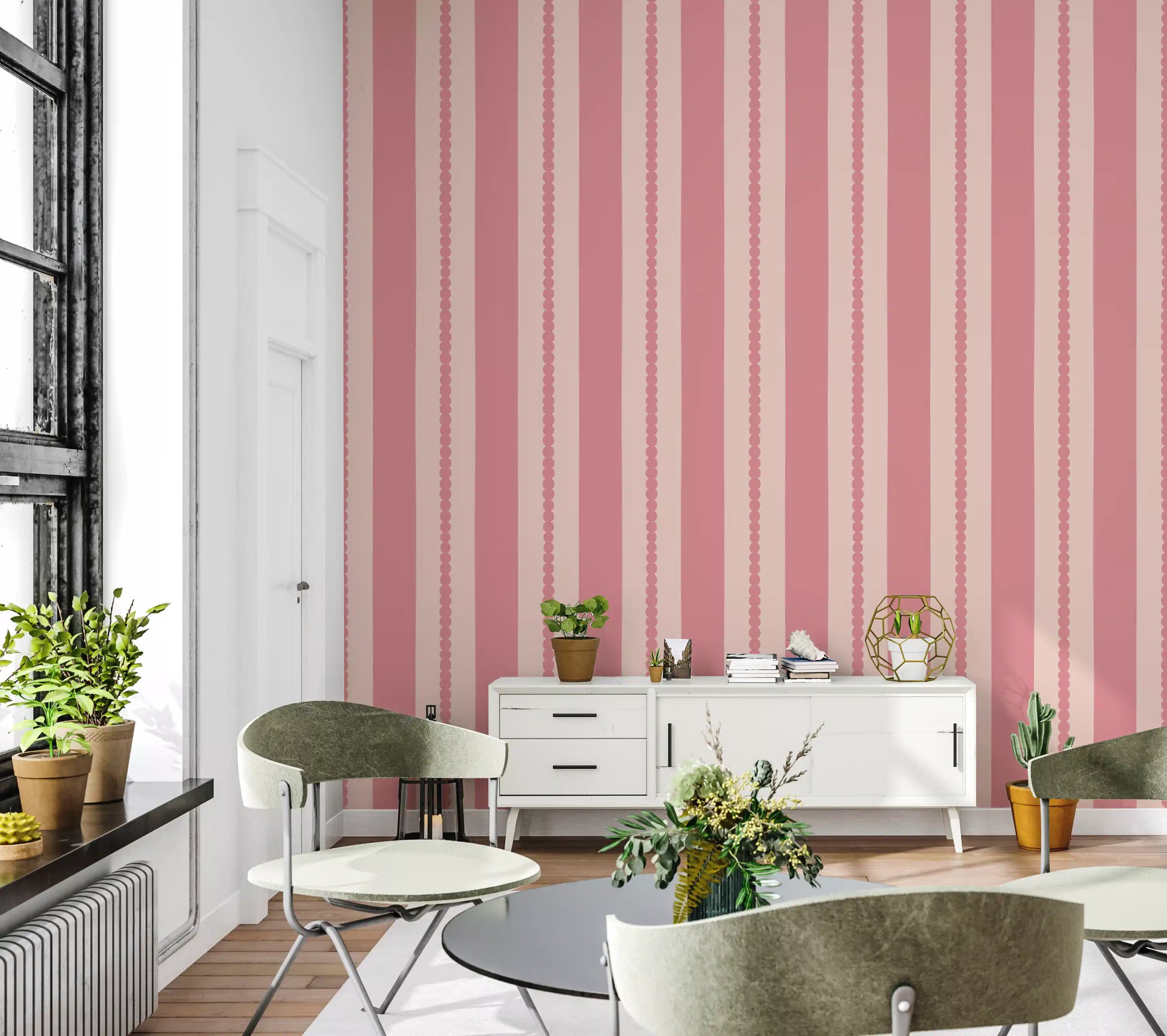 wavy beige and pink Stripes wallpaper covering the hallway  background.