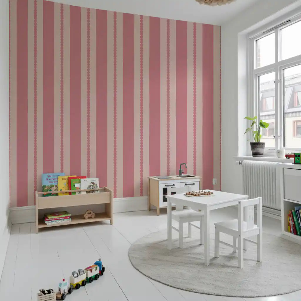 Nursery walls featuring the vertical geometric Blush Scallop Stripes Wallpaper motif.