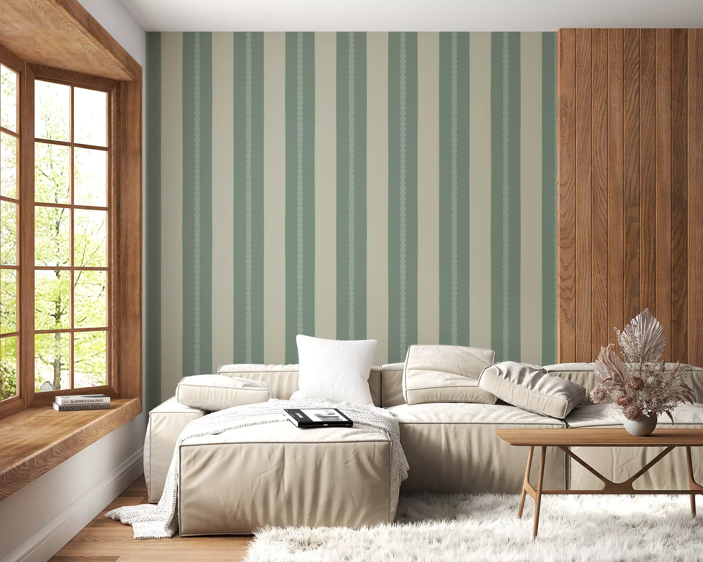 Soft Sage & Beige Stripes Wallpaper⁠
