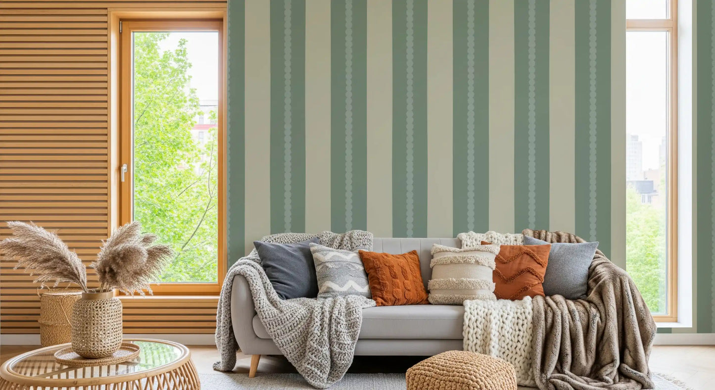 Soft Sage & Beige Stripes Wallpaper⁠