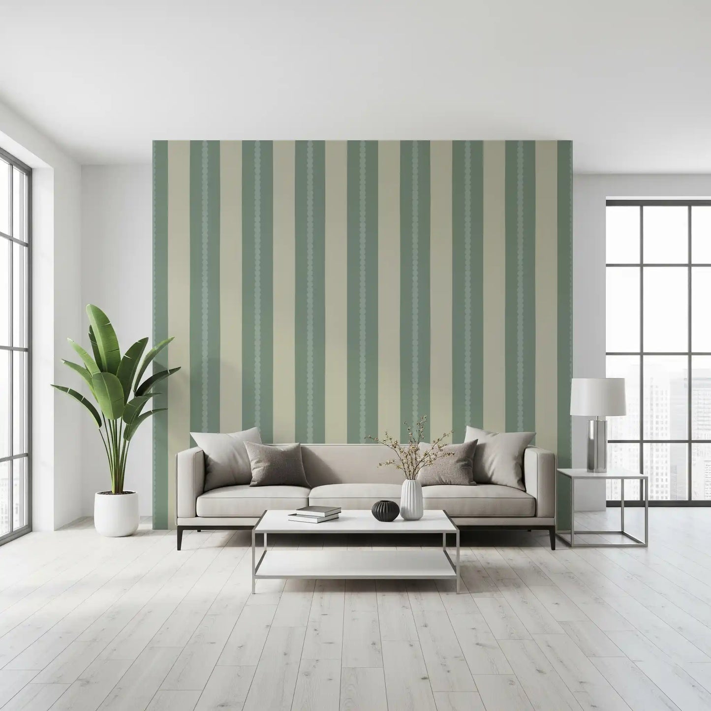 Soft Sage & Beige Stripes Wallpaper⁠
