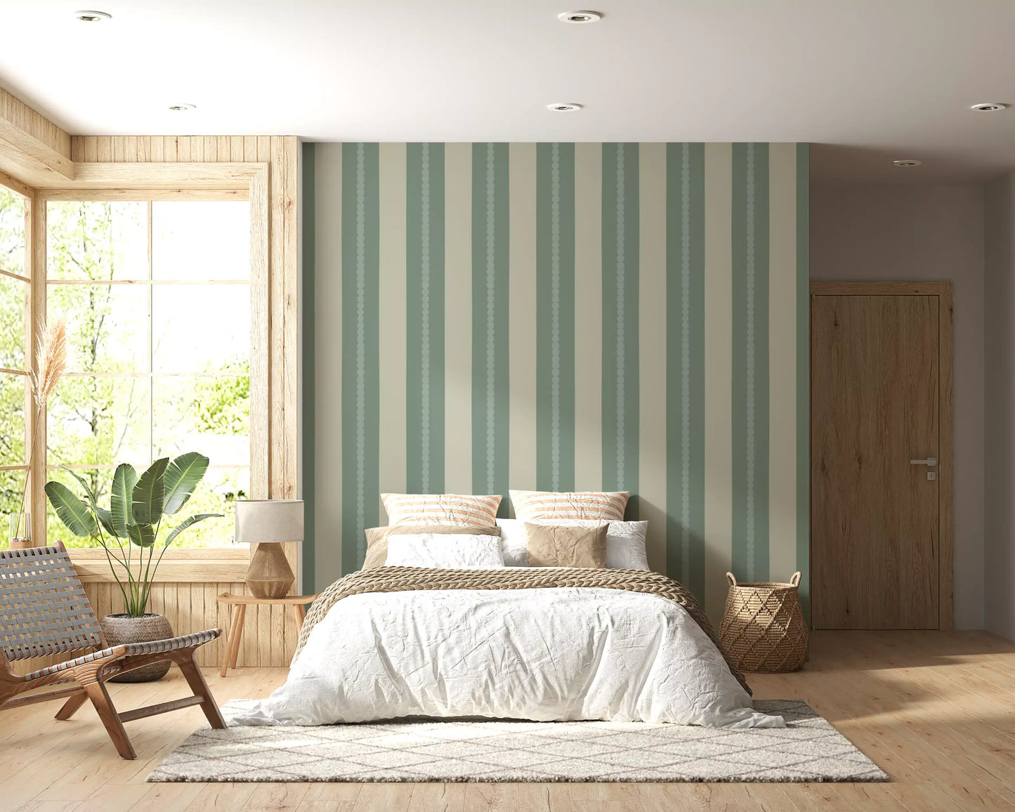 Soft Sage & Beige Stripes Wallpaper⁠