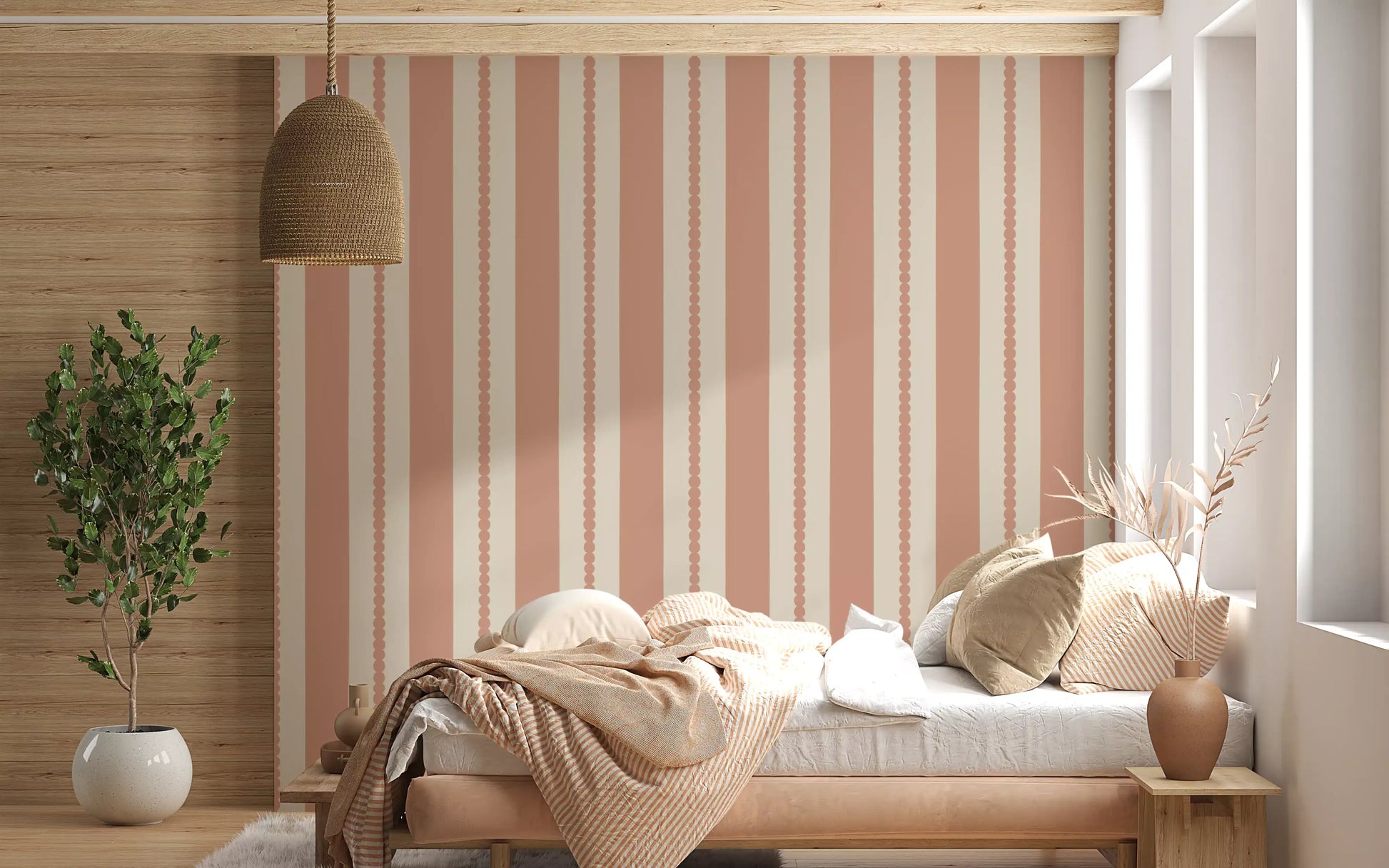 A wide Bedroom completely wrapped in a patterned Terracotta wallpaper
