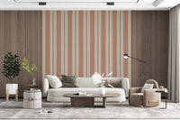 Thick peach columns on this Terracotta wallpaper line a modern lounge