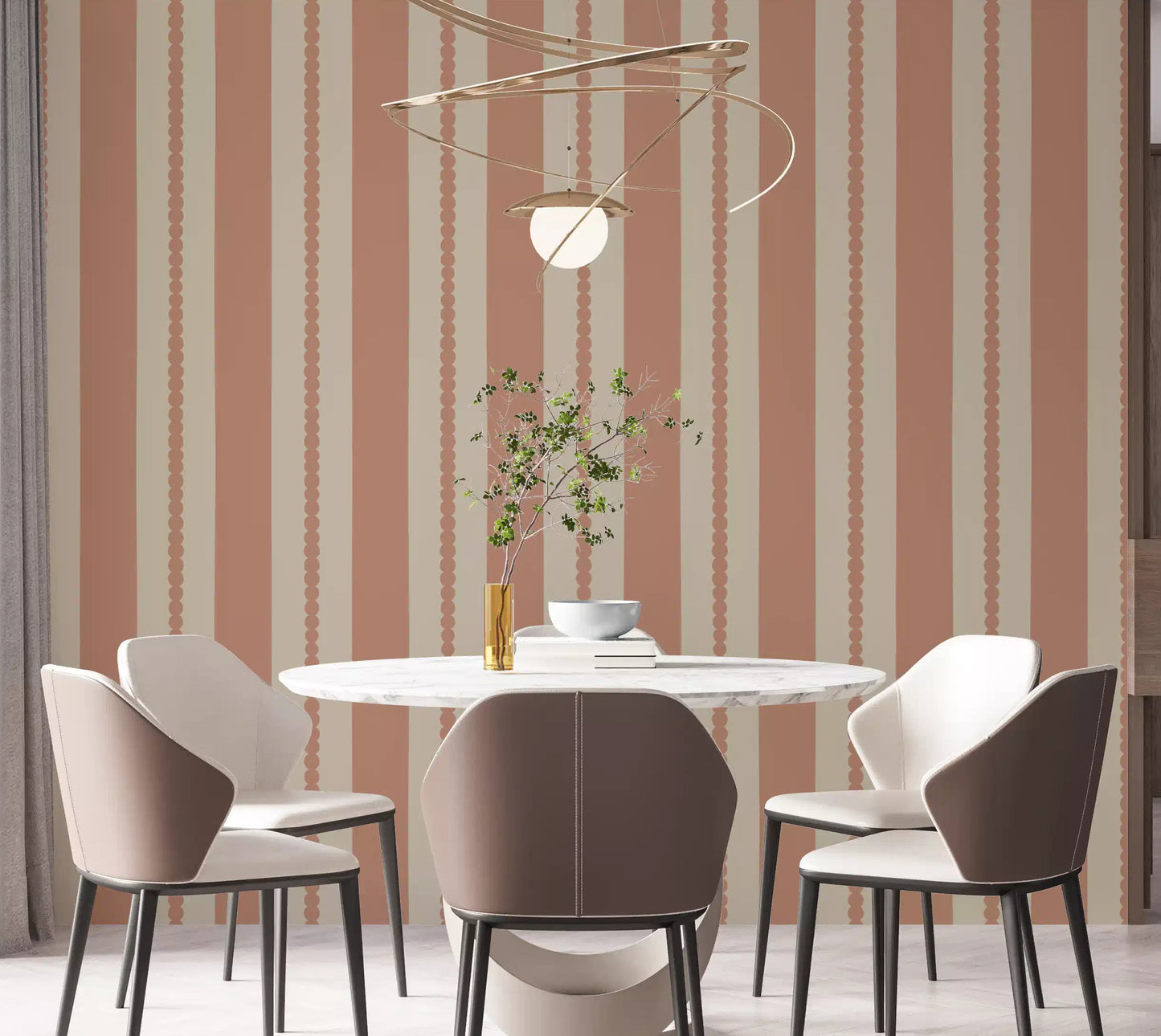 Warm Sands & Terracotta Stripes Wallpaper installed cleanly across a dining room