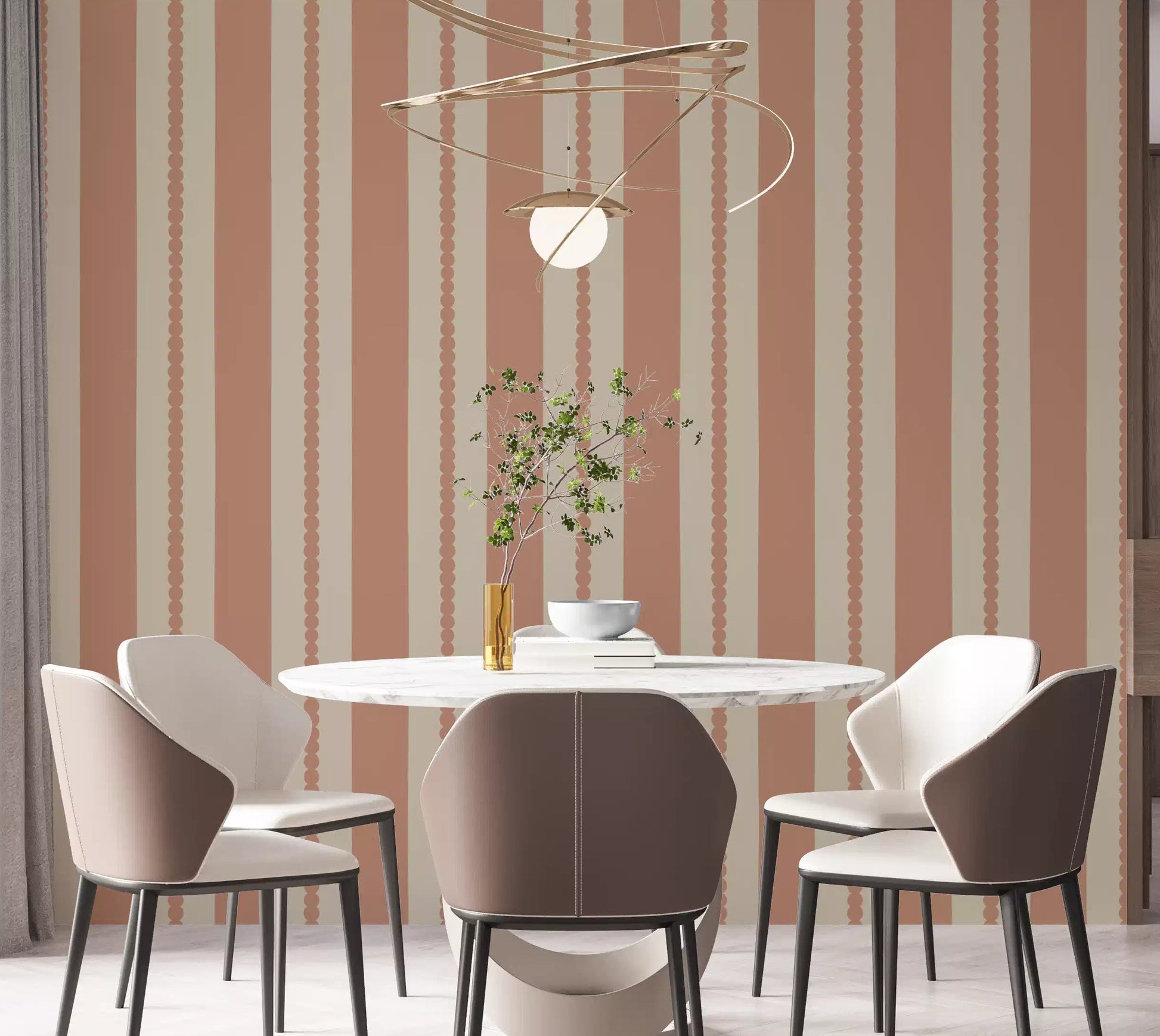 Warm Sands & Terracotta Stripes Wallpaper installed cleanly across a dining room
