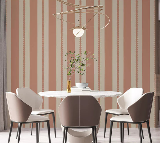 Warm Sands & Terracotta Stripes Wallpaper installed cleanly across a dining room