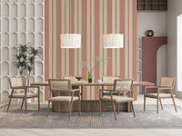 Terracotta wallpaper showing thick clay bands inside a quiet Dining room 