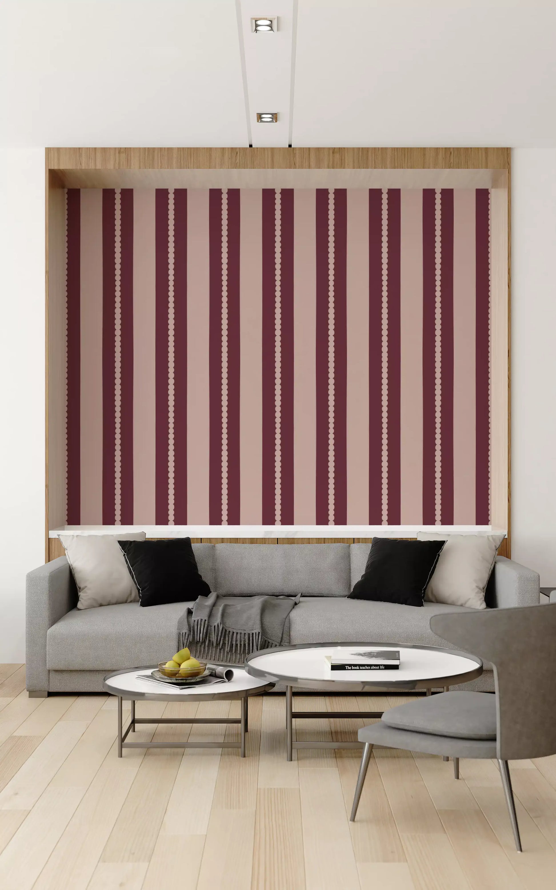 Cosy modern lounge decorated with this classic stripes wallpaper