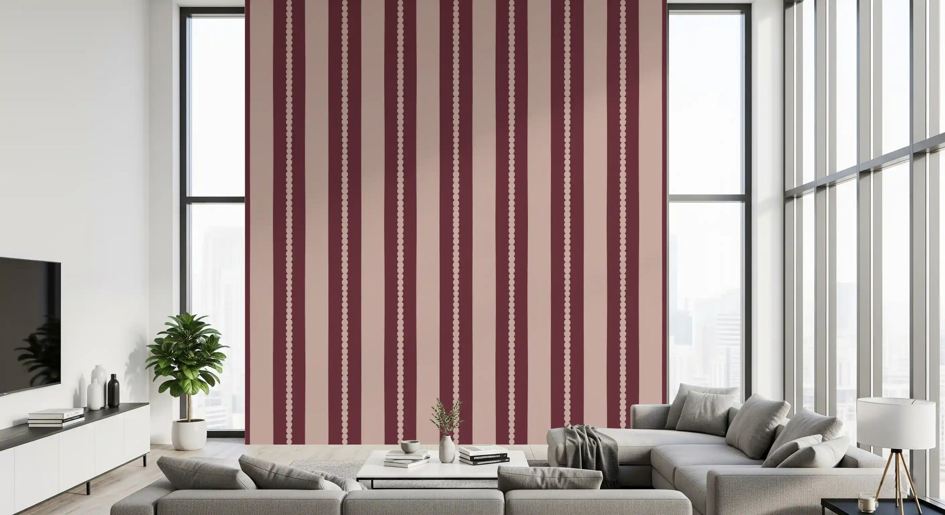 Blush & Berry Scallop Stripes Wallpaper with delicate pink details