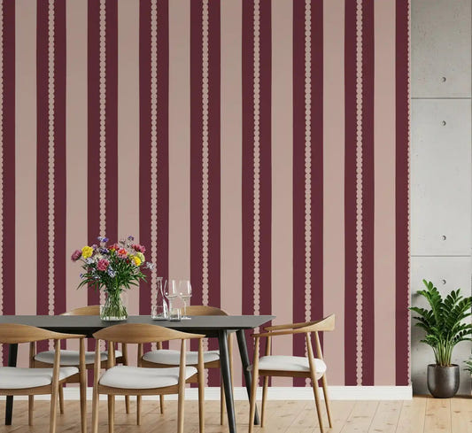 Blush & Berry Scallop Stripes Wallpaper in a bright dining room setup