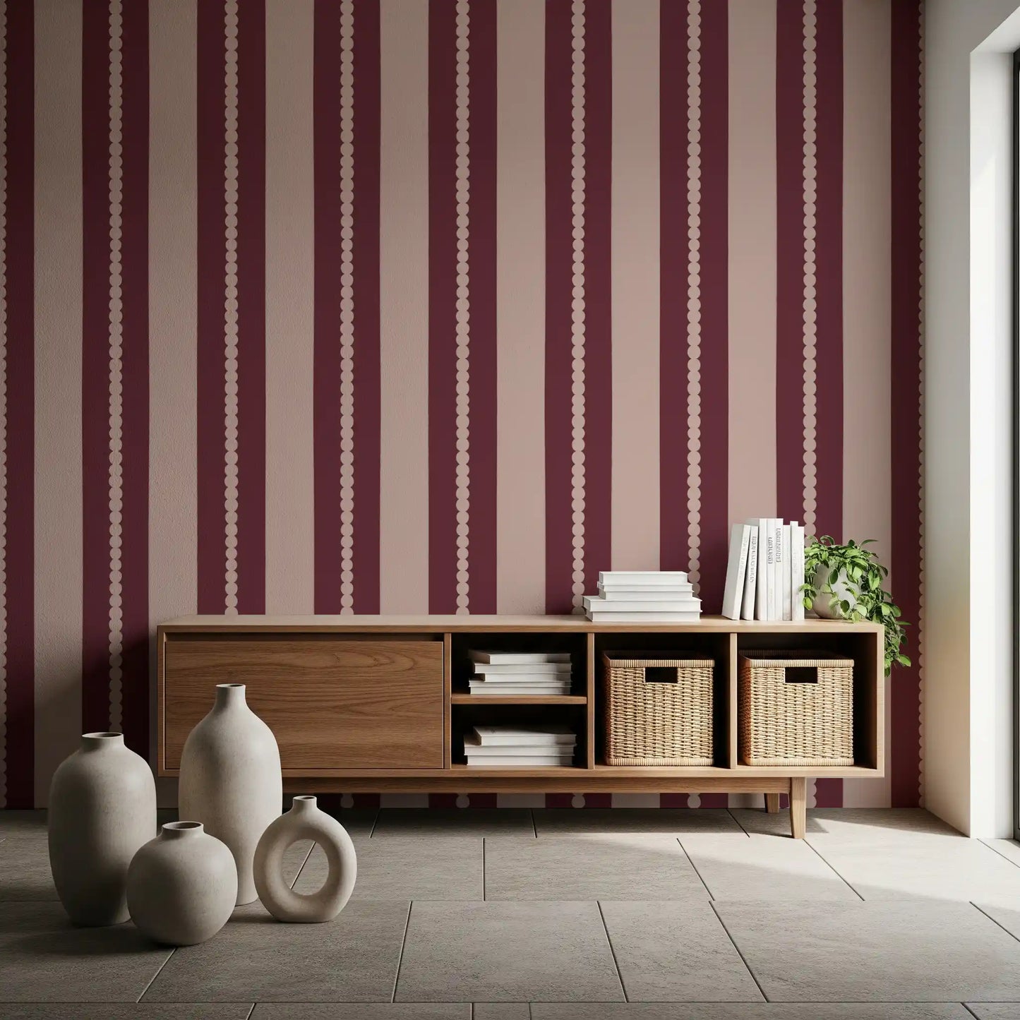 A flat view of the repeating scalloped shapes on this wallpaper