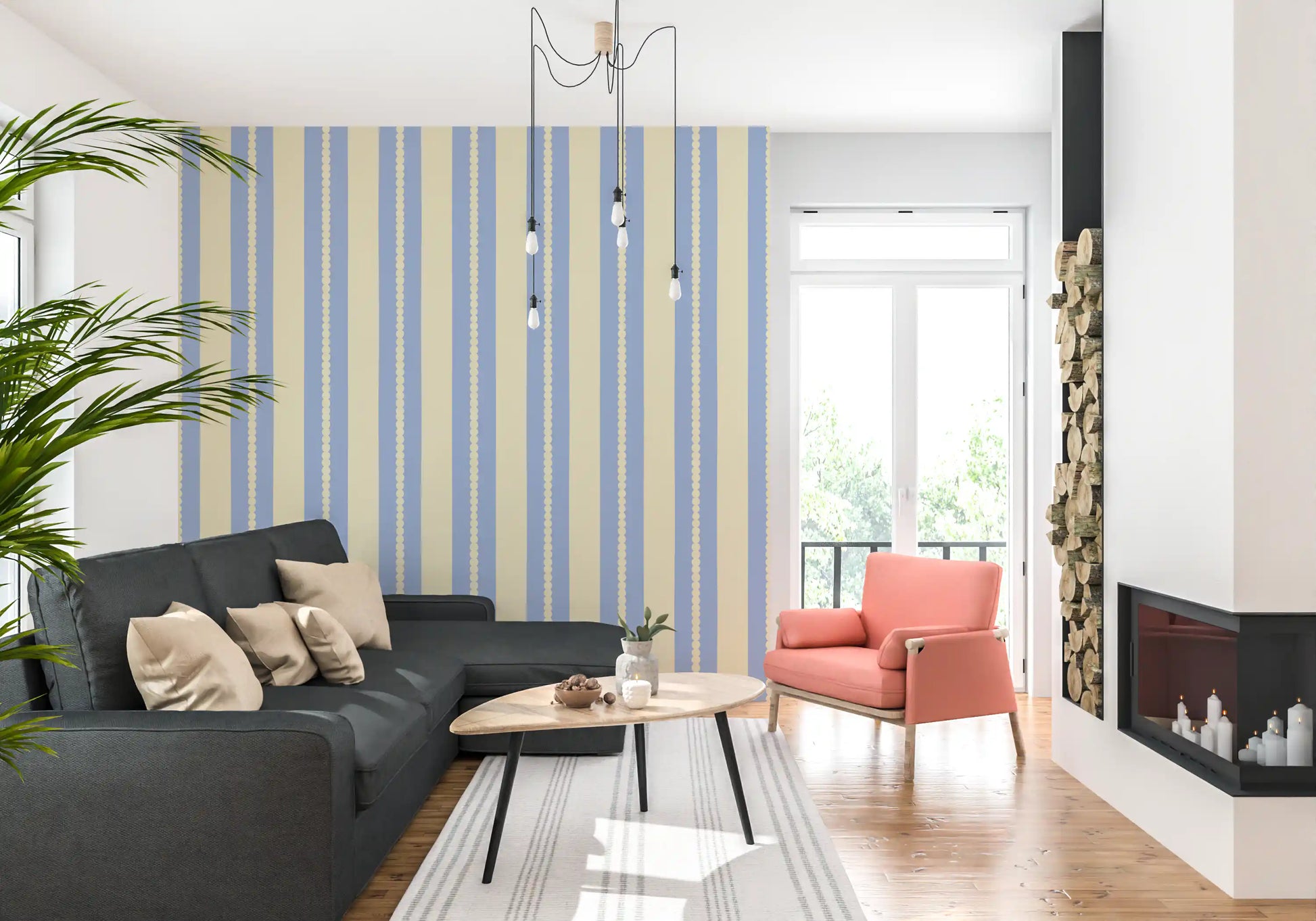 Smooth cream bands next to blue segments on the Scalloped Sky Stripes Wallpaper.