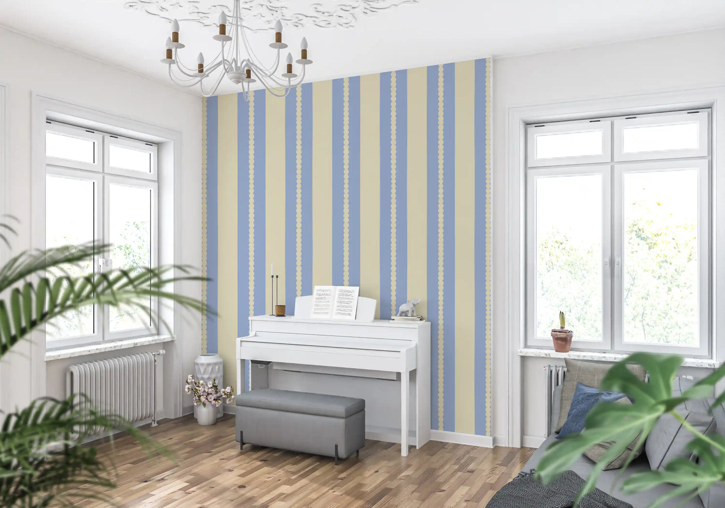 A Music room corner with a patterned blue lines wallpaper.