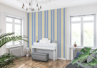 A Music room corner with a patterned blue lines wallpaper.