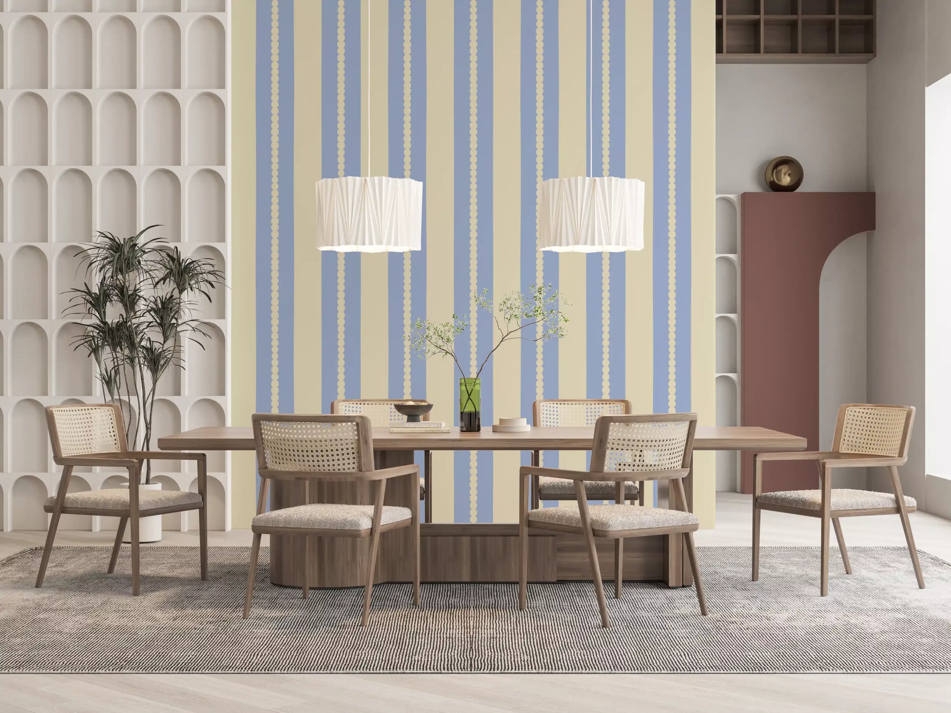 Dining room Sky Stripes Wallpaper creates a clean striped backdrop.