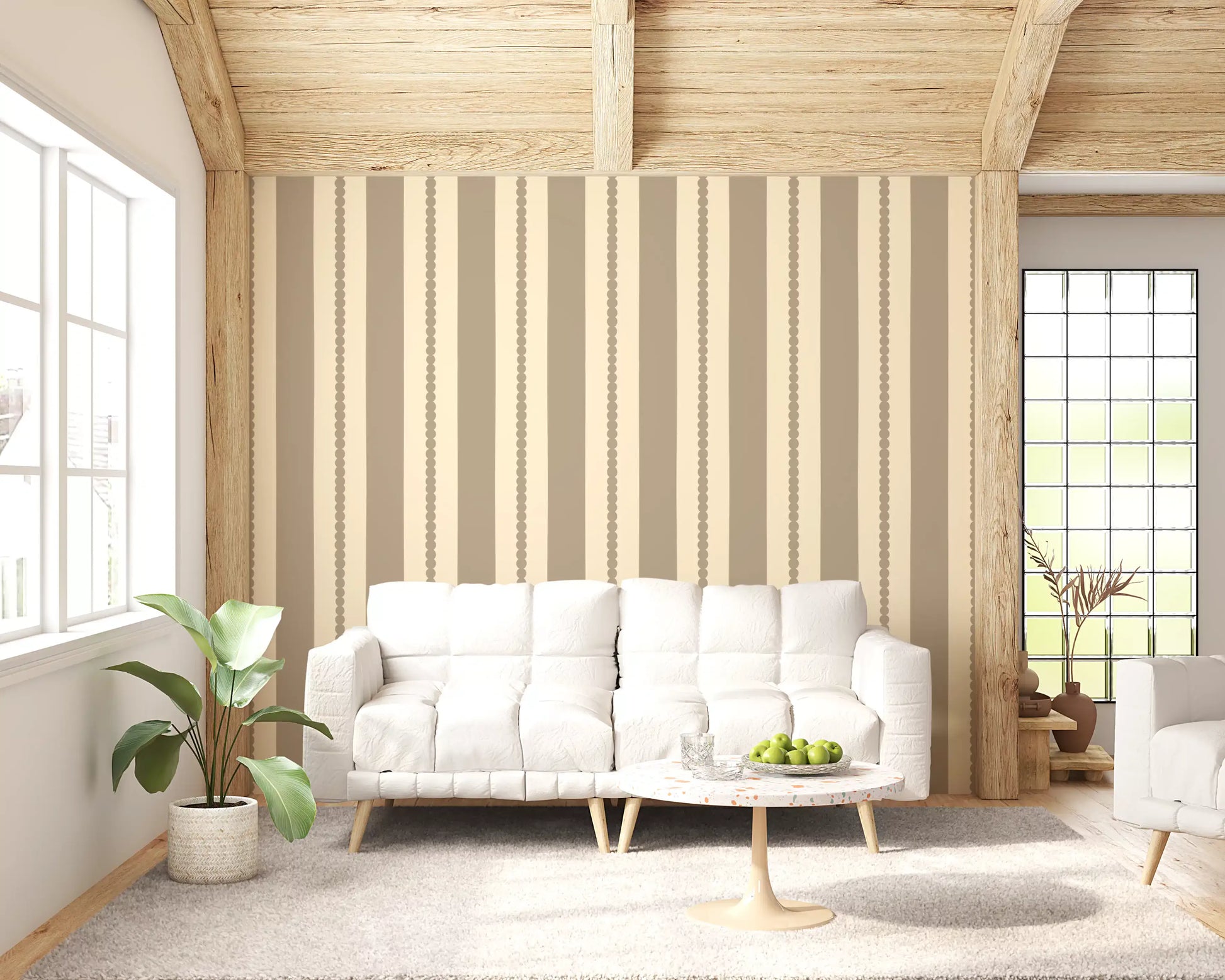 This Subtle Scallop & Dot Stripes Wallpaper adds a classic touch to flat surfaces.