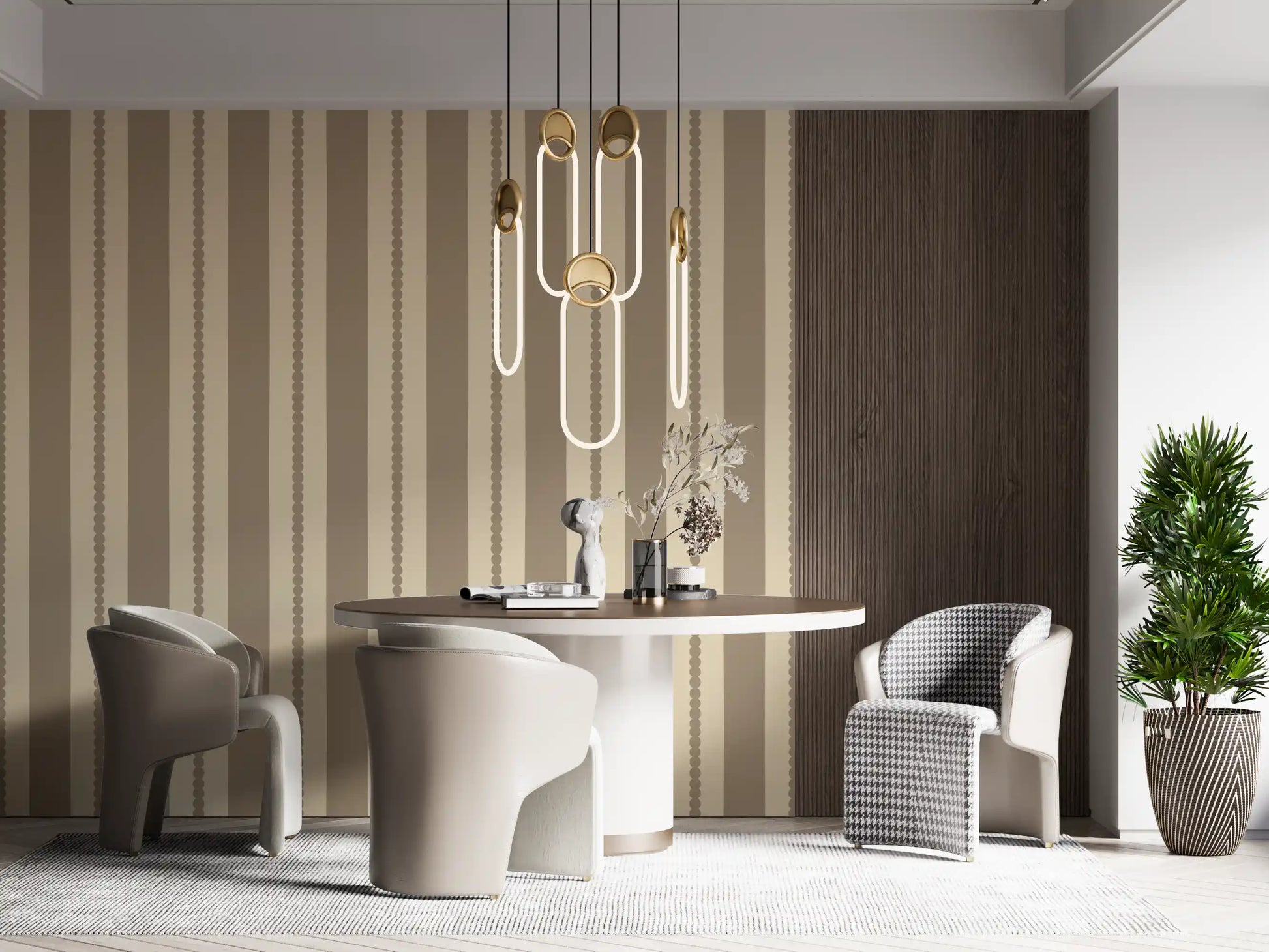 Beige stripes on this wallpaper appear in a warm Dining room setting.