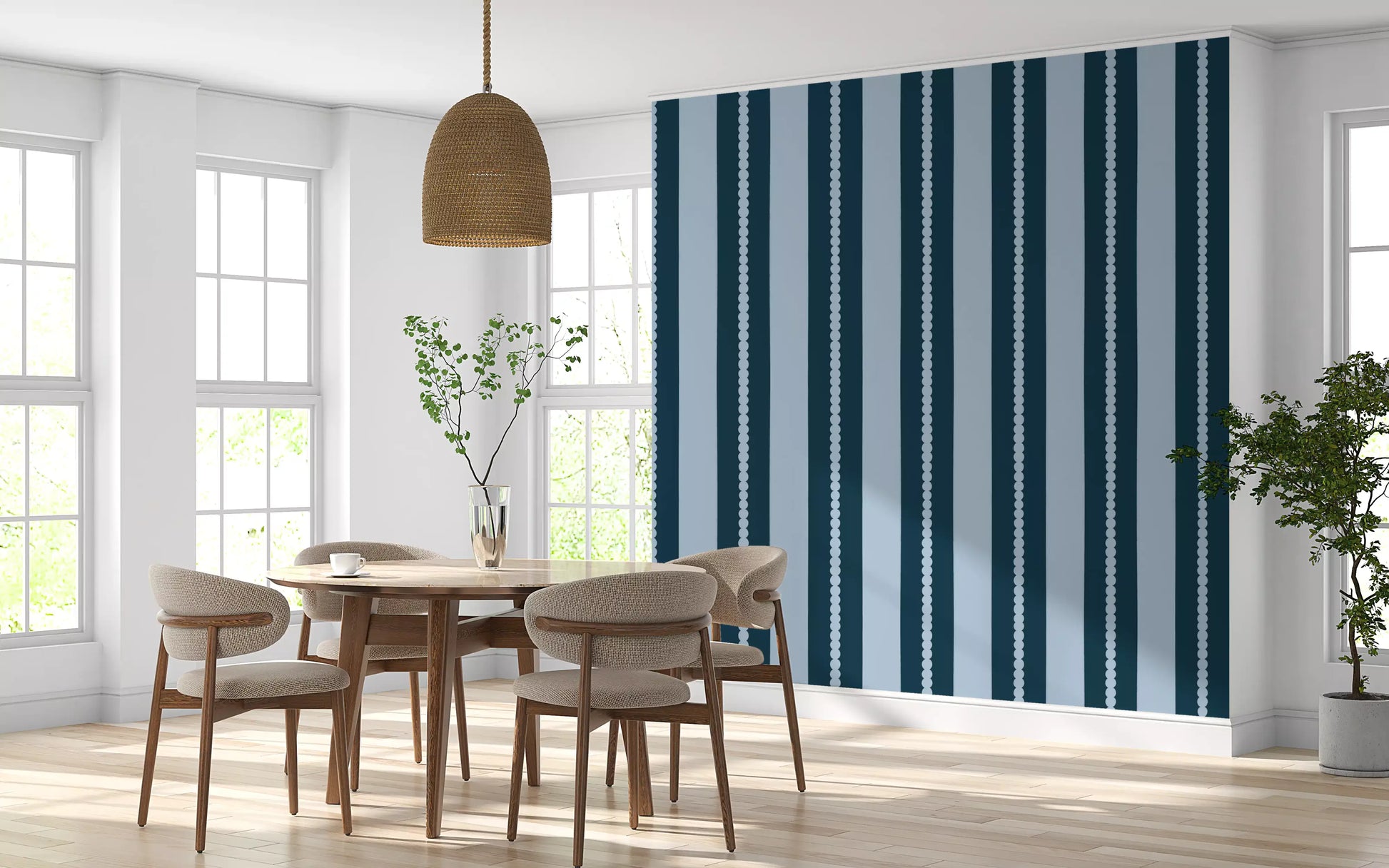 In the Dining room, the Scallop & Dot Vertical Harmony Wallpaper⁠ rests.