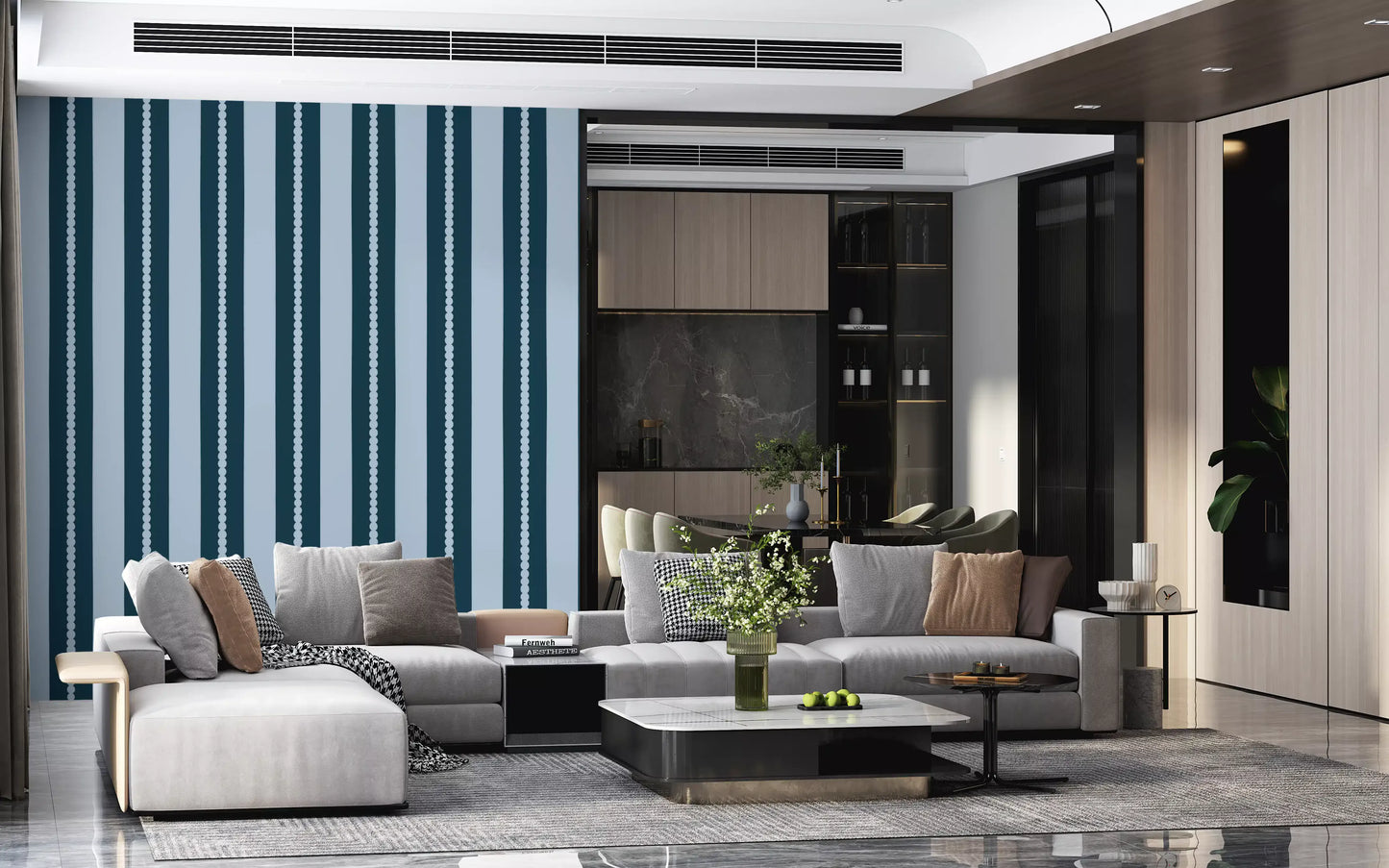 Vertical lines of the Scallop & Dot Vertical Harmony Wallpaper⁠ repeat.