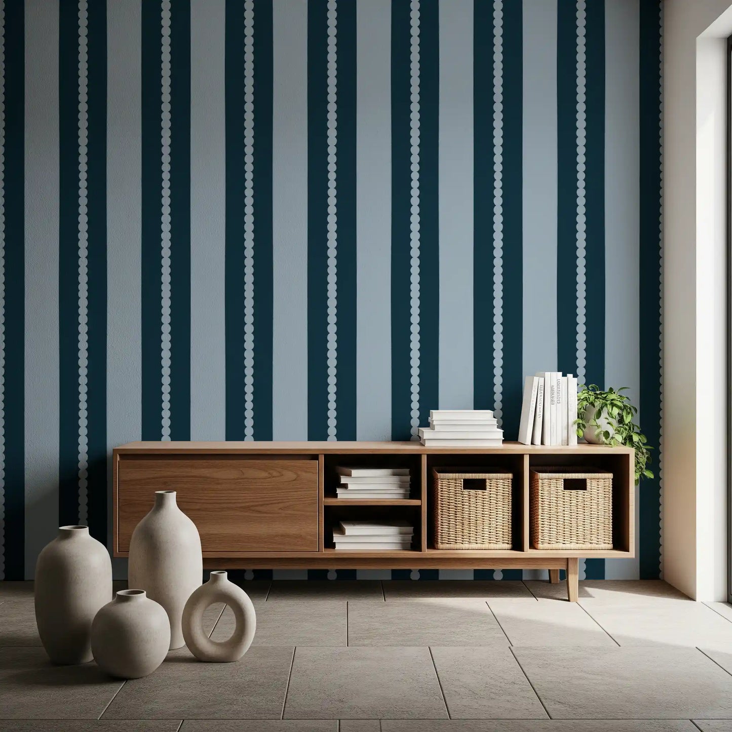 The hallway backdrops includes the Scallop & Dot Vertical Harmony Wallpaper⁠