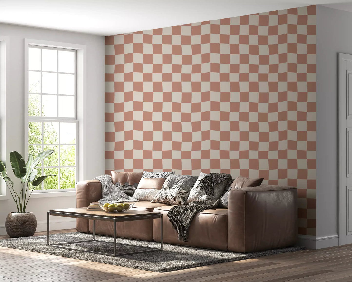Light filled Living room featuring Peach Cream Checker Waves wallpaper.