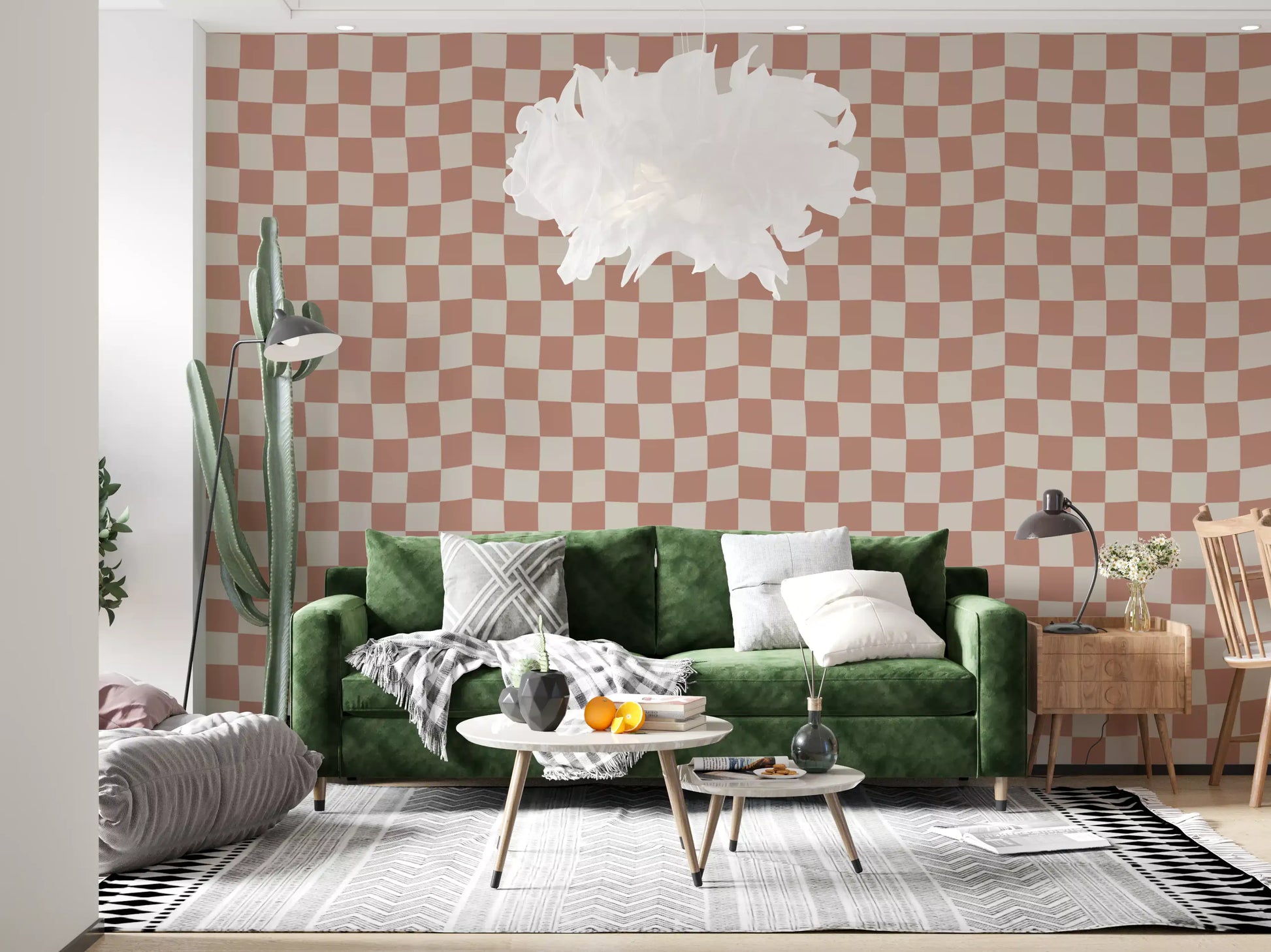 Relaxing lounge space decorated with Waves wallpaper.