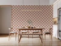 Dining room area with Peach Cream Checker Waves wallpaper backdrop.