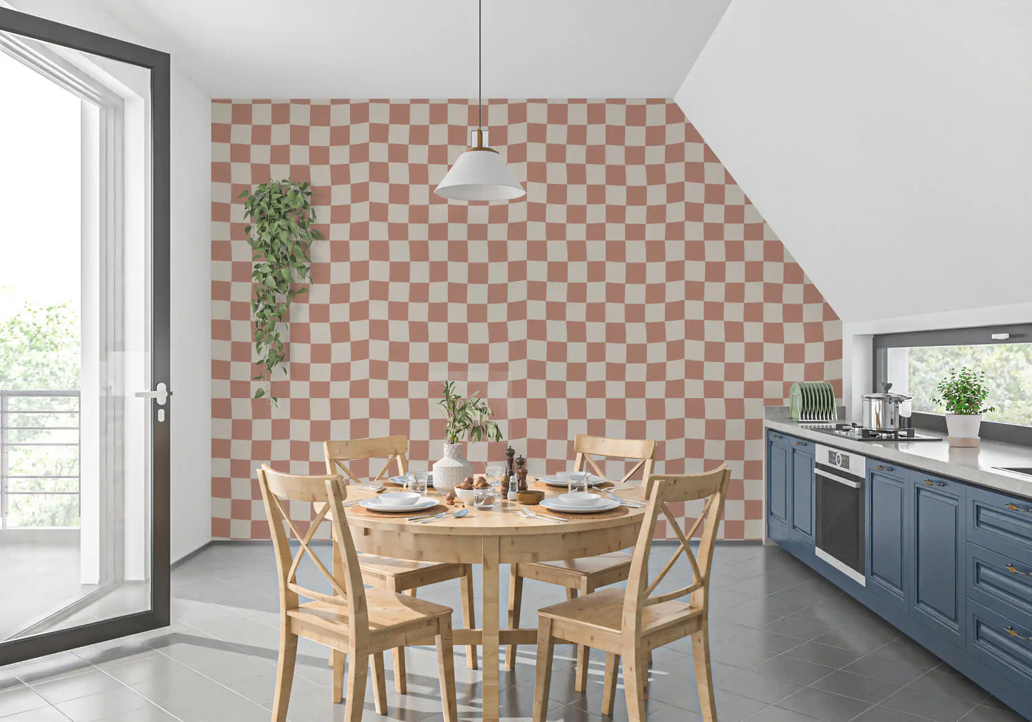 The Peach Cream Checker Waves wallpaper provides a calm tone in the Dining room.