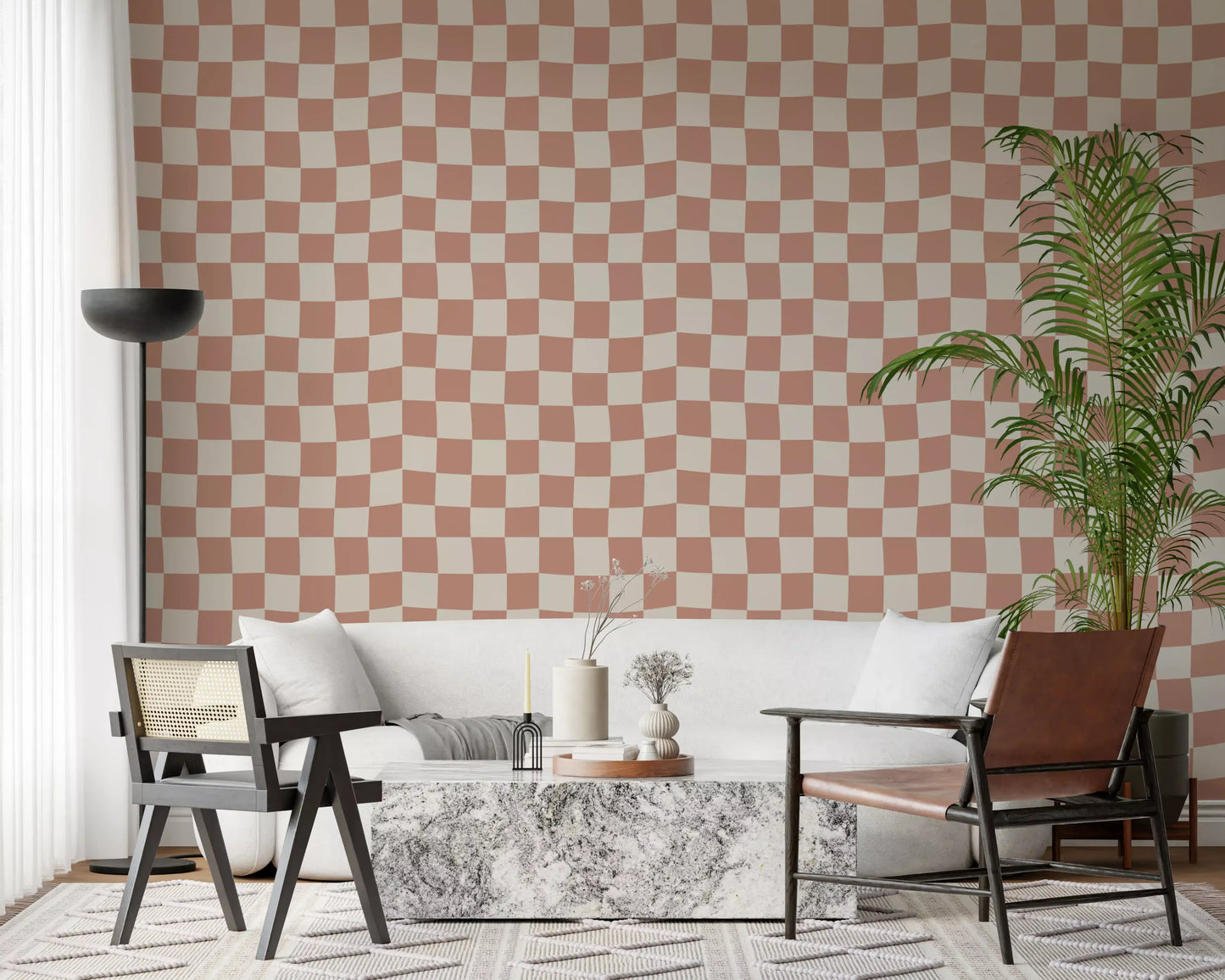 The Peach Cream Checker Waves wallpaper design features a repeating motif.