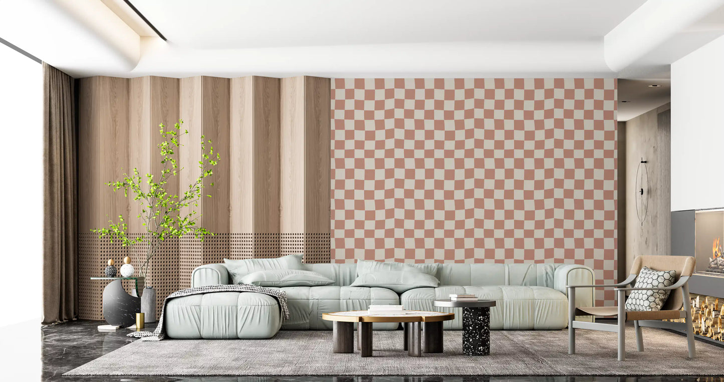 Soft tones blend on this Peach Cream Checker Waves wallpaper surface.