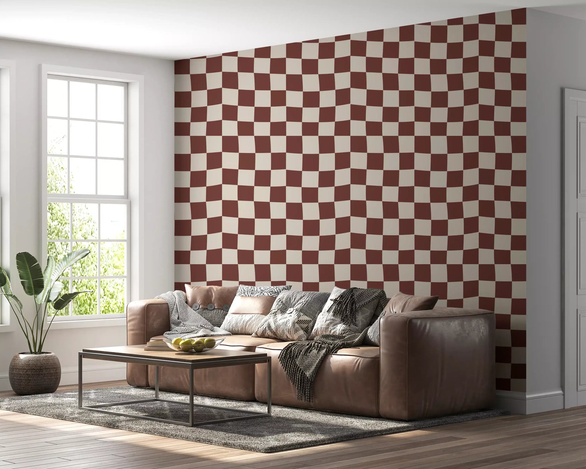 This checkered wallpaper features a brown and beige grid.