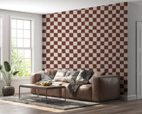 This checkered wallpaper features a brown and beige grid.